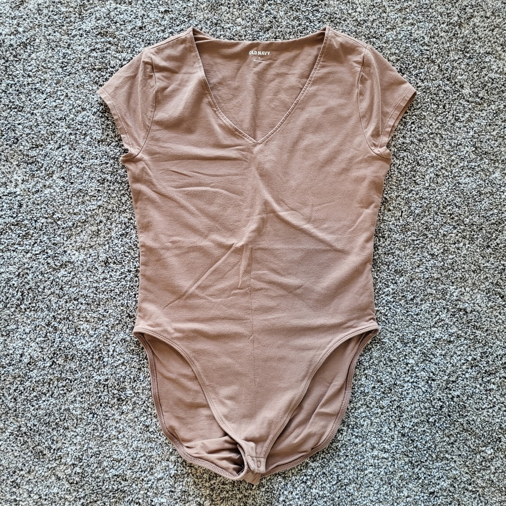Old Navy Camel Cotton V Neck Cap Sleeve Full Coverage Bodysuit Top
